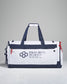 A durable white and navy utility duffel bag featuring a modern design marked with branding and built for versatility