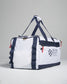 A practical white and navy duffel bag featuring multiple compartments and a sleek design ideal for travel or gym use