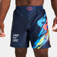 Vibrant navy swim shorts featuring a colorful abstract design and motivational text