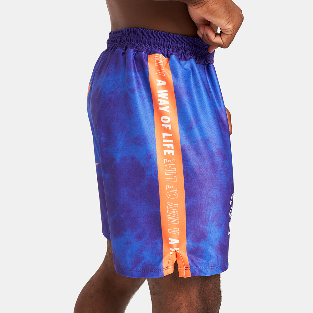 Vibrant blue and purple athletic shorts featuring a bold A WAY OF LIFE text design along the side and a comfortable elastic waistband