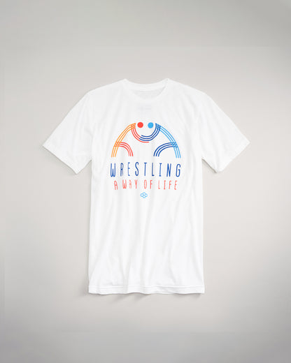 A white T-shirt featuring colorful text and graphic elements promoting wrestling as a lifestyle
