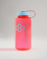Vibrant pink water bottle with a light blue lid and honeycomb logo perfect for hydration on the go