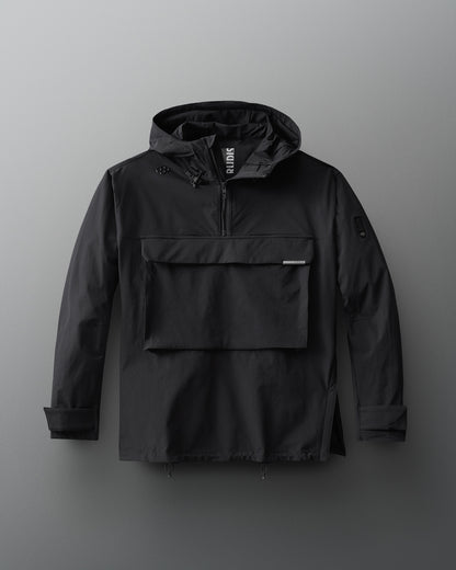 A black 1/4 zip windbreaker jacket with a hood and front gear pocket.
