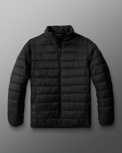 A black puffer jacket with a collar, long sleeves, and front zip pockets.