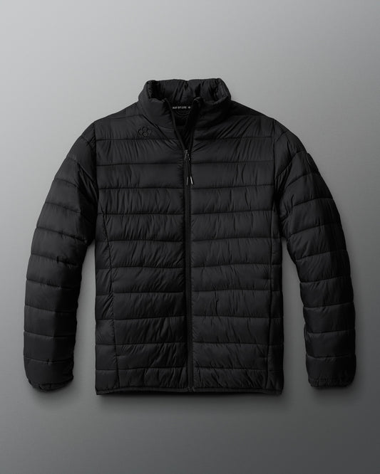 A black puffer jacket with a collar, long sleeves, and front zip pockets.