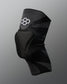A black knee support brace with a white Quadhex logo on the upper section, set against a neutral gray background.