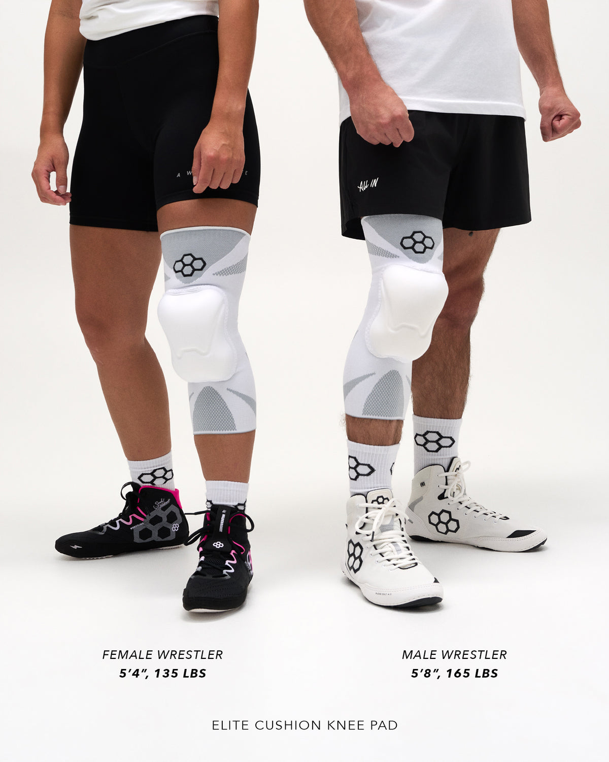 RUDIS Elite Cushion White Wrestling Knee Pads worn by male and female wrestlers for fit comparison.