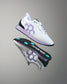 White and purple athletic shoes with a hexagonal design on a gray background