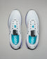White sneakers with blue accents on a gray background