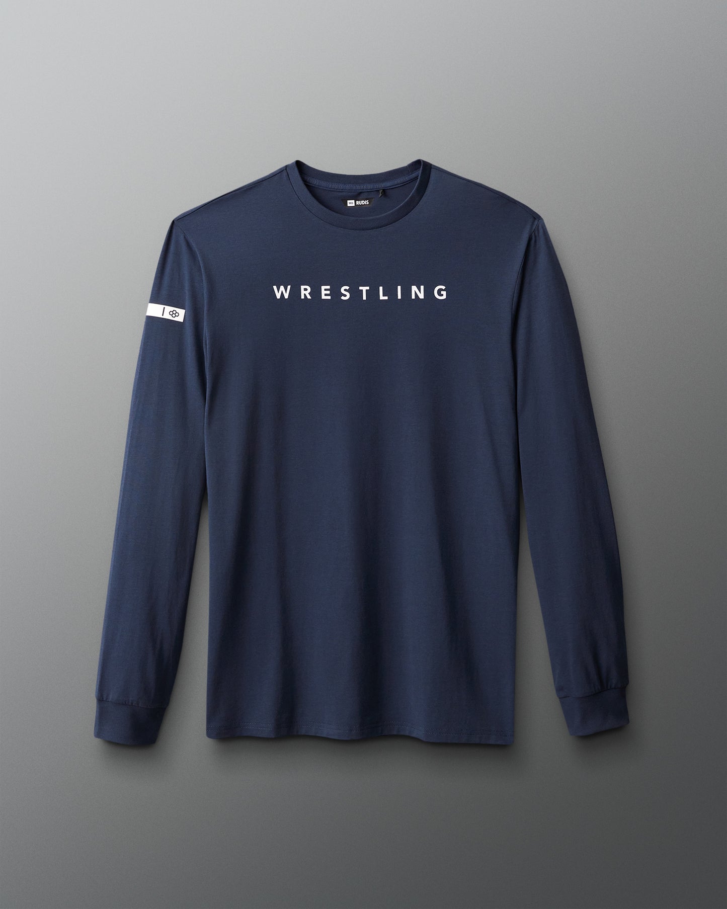Navy long-sleeve shirt with 'WRESTLING' text on a gray background