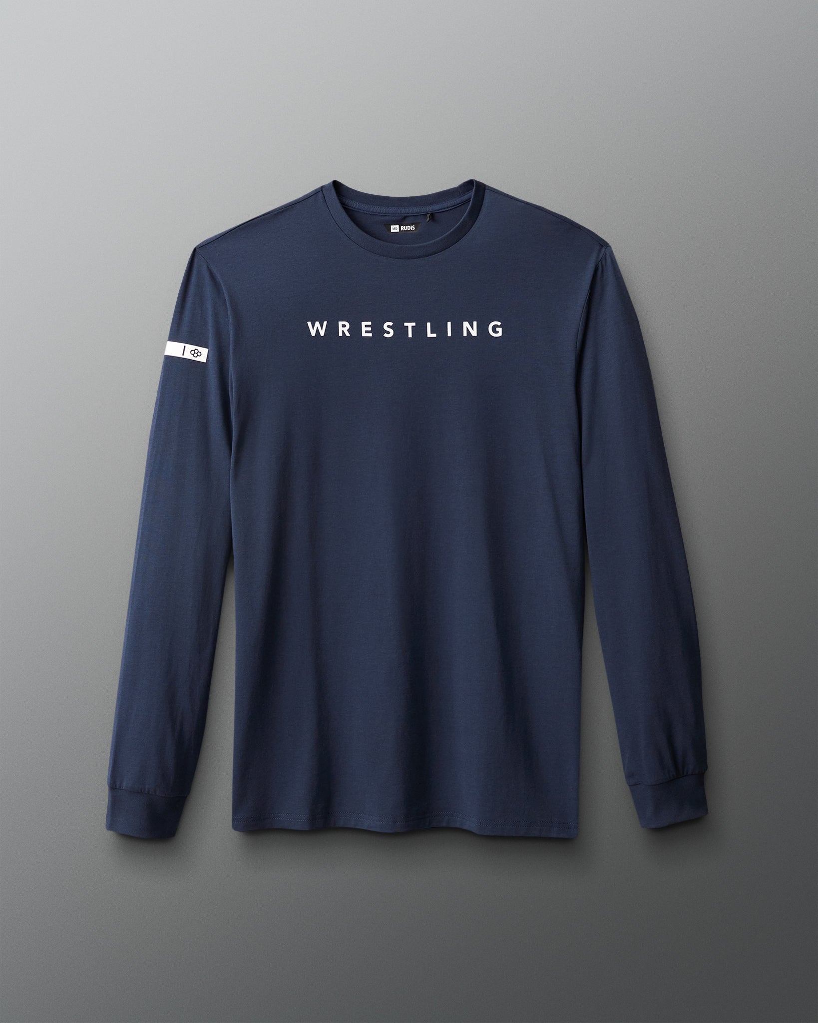 Navy long-sleeve shirt with 'WRESTLING' text on a gray background