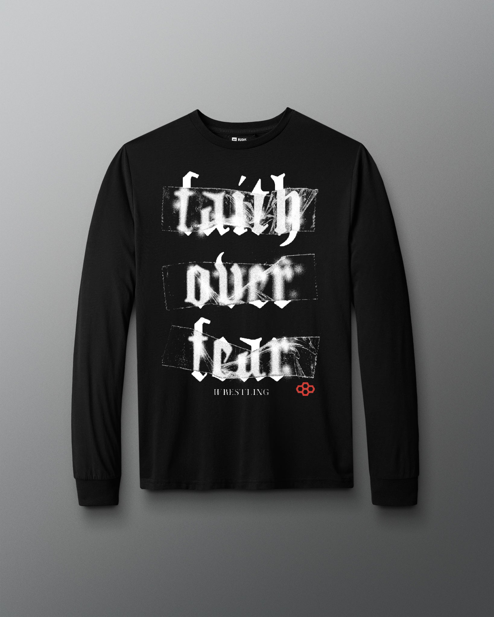 Black long-sleeve shirt with 'faith over fear' text on a gray background
