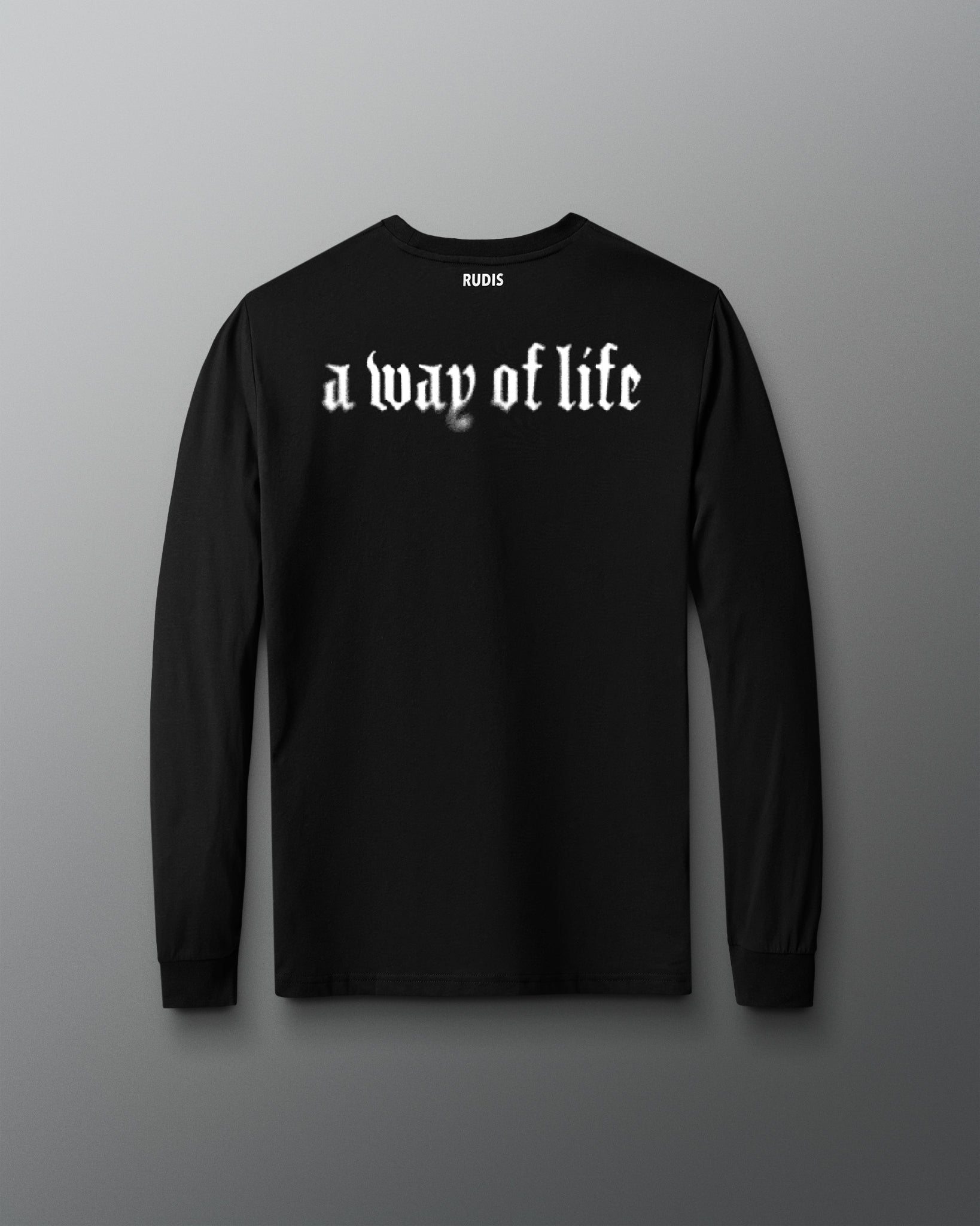 Black long-sleeve shirt with 'a way of life' text on a gray background