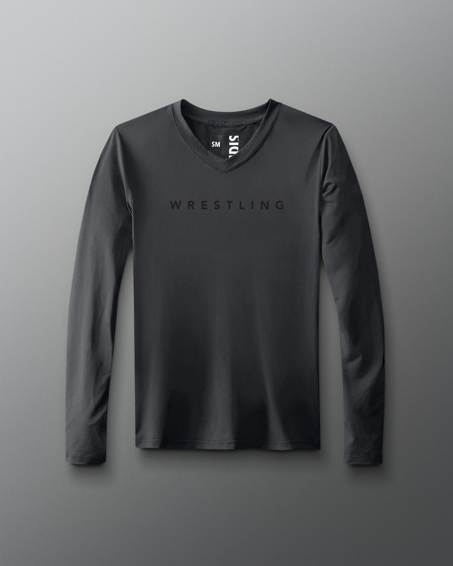 Gray long-sleeve shirt with 'Wrestling' text on a gray background