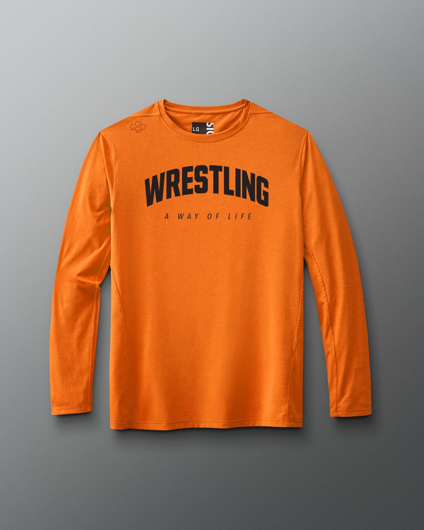 Orange long-sleeve shirt with 'Wrestling A Way of Life' text on a gray background