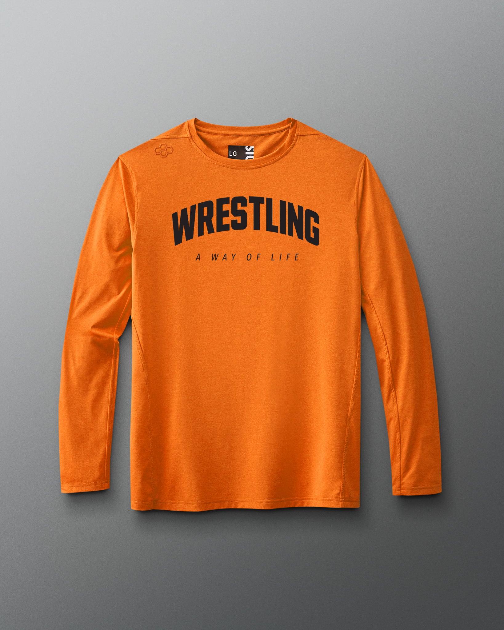 Orange long-sleeve shirt with 'Wrestling A Way of Life' text on a gray background