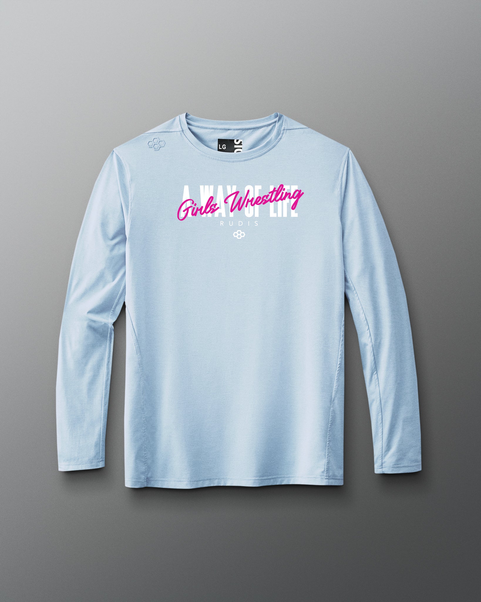 Light blue long-sleeve shirt with 'Girls Wrestling' text on a gray background