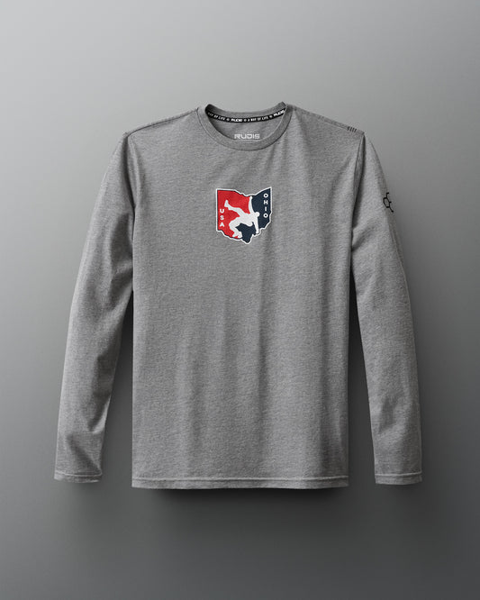 Front view of the RUDIS Team Ohio USA Long Sleeve shirt in gray, featuring the official USA Wrestling Team Ohio logo on the chest, designed for athletes who represent strength, pride, and team spirit.