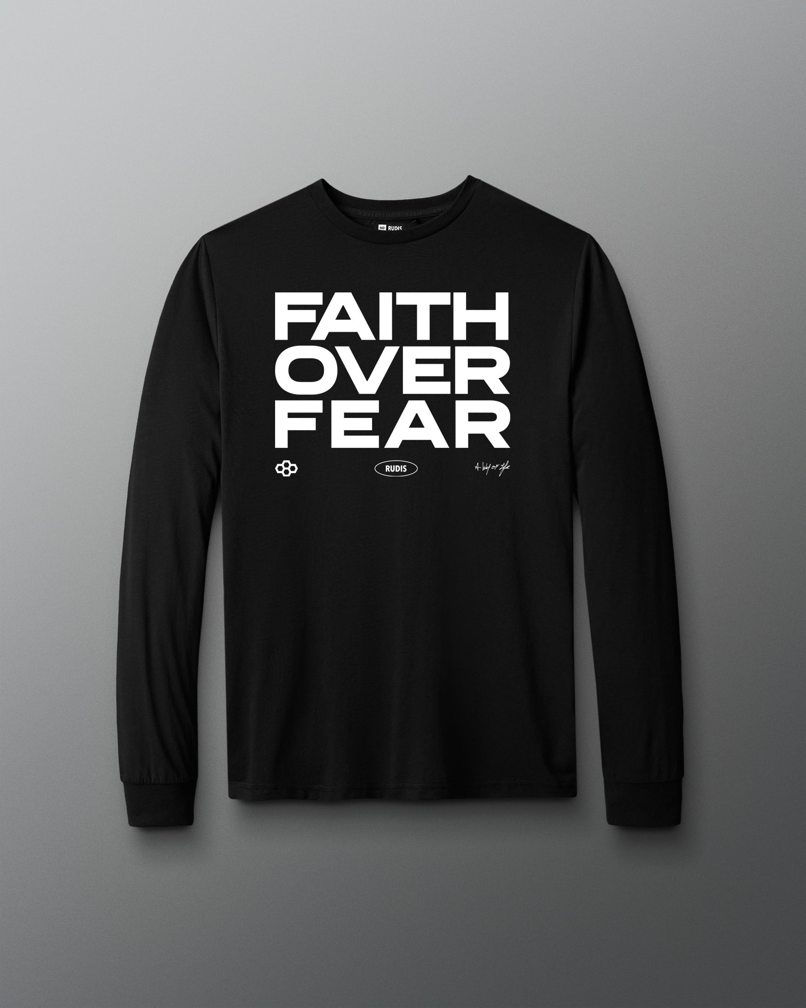 Black long-sleeve shirt with 'Faith Over Fear' text on a gray background