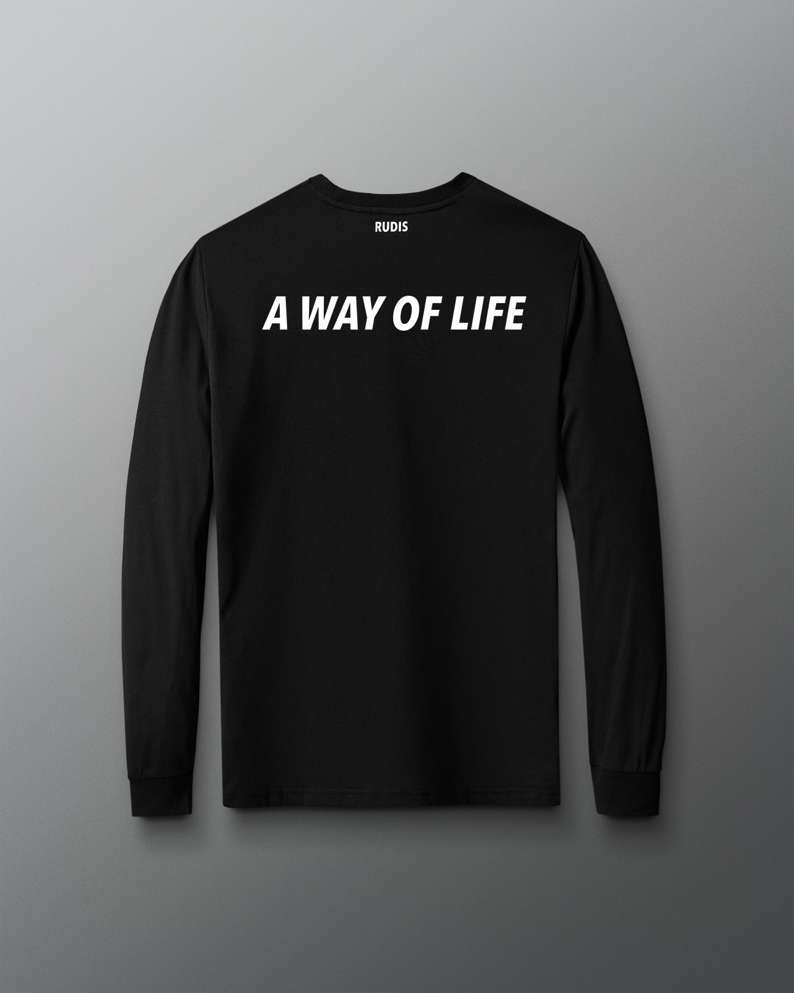 Black long-sleeve shirt with 'A Way of Life' text on a gray background