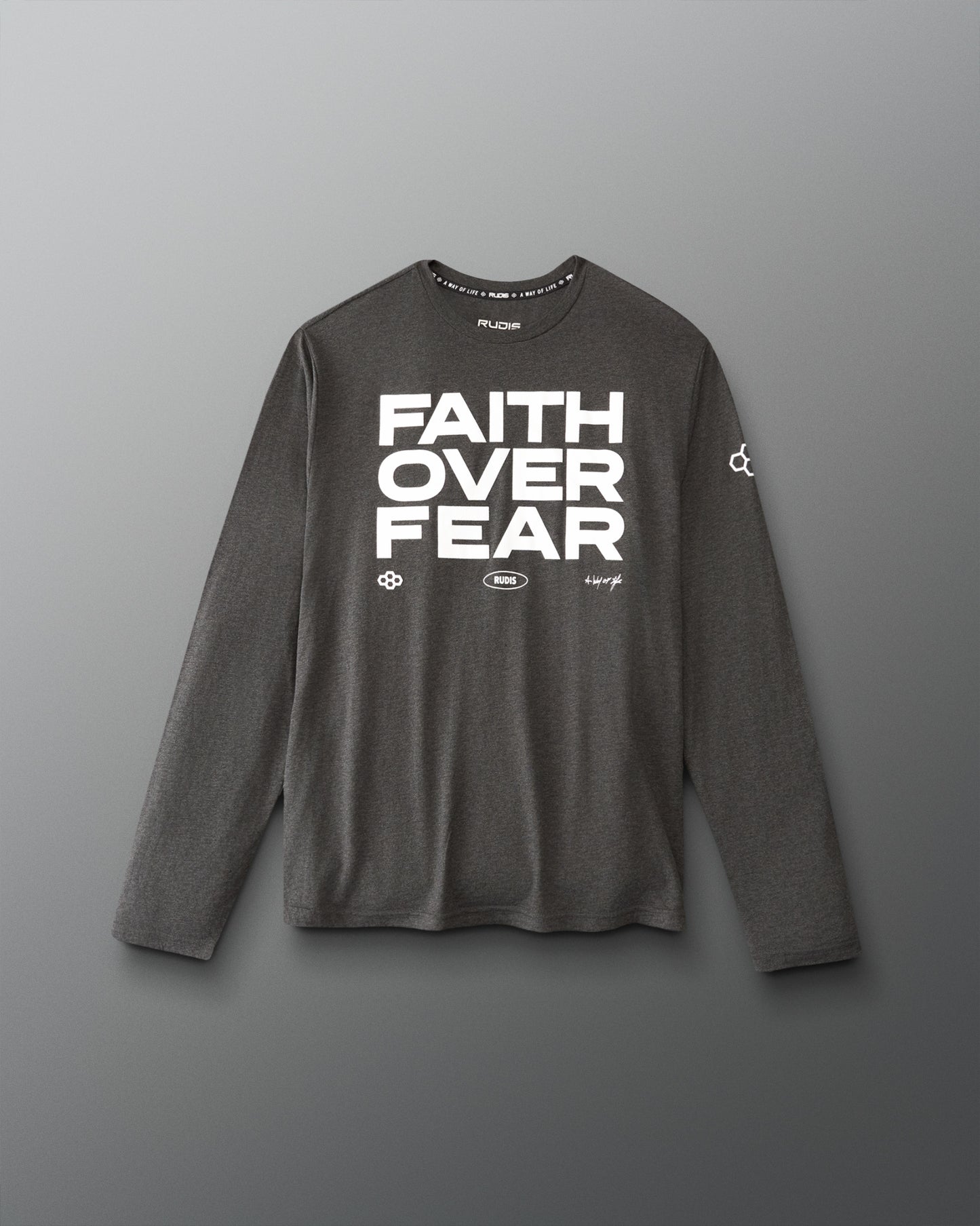 A dark gray long-sleeve athletic shirt with 'FAITH OVER FEAR' printed in bold white letters on the chest, displayed against a neutral gray background.