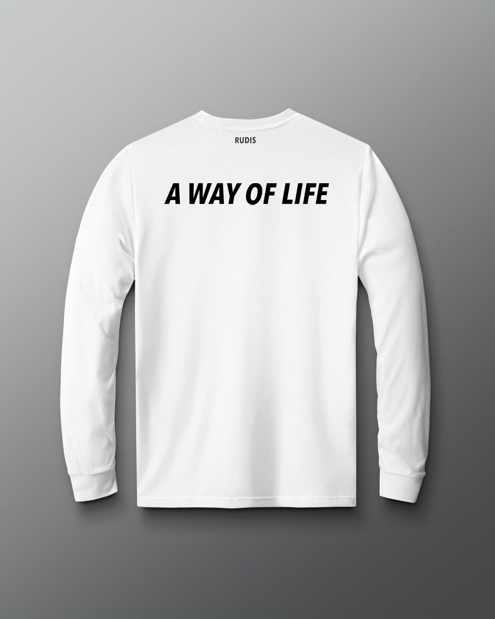 White long-sleeve shirt with 'A Way of Life' text on a gray background