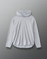 A light gray hooded long-sleeve athletic shirt with a high curved hem, displayed flat against a dark gray gradient background.