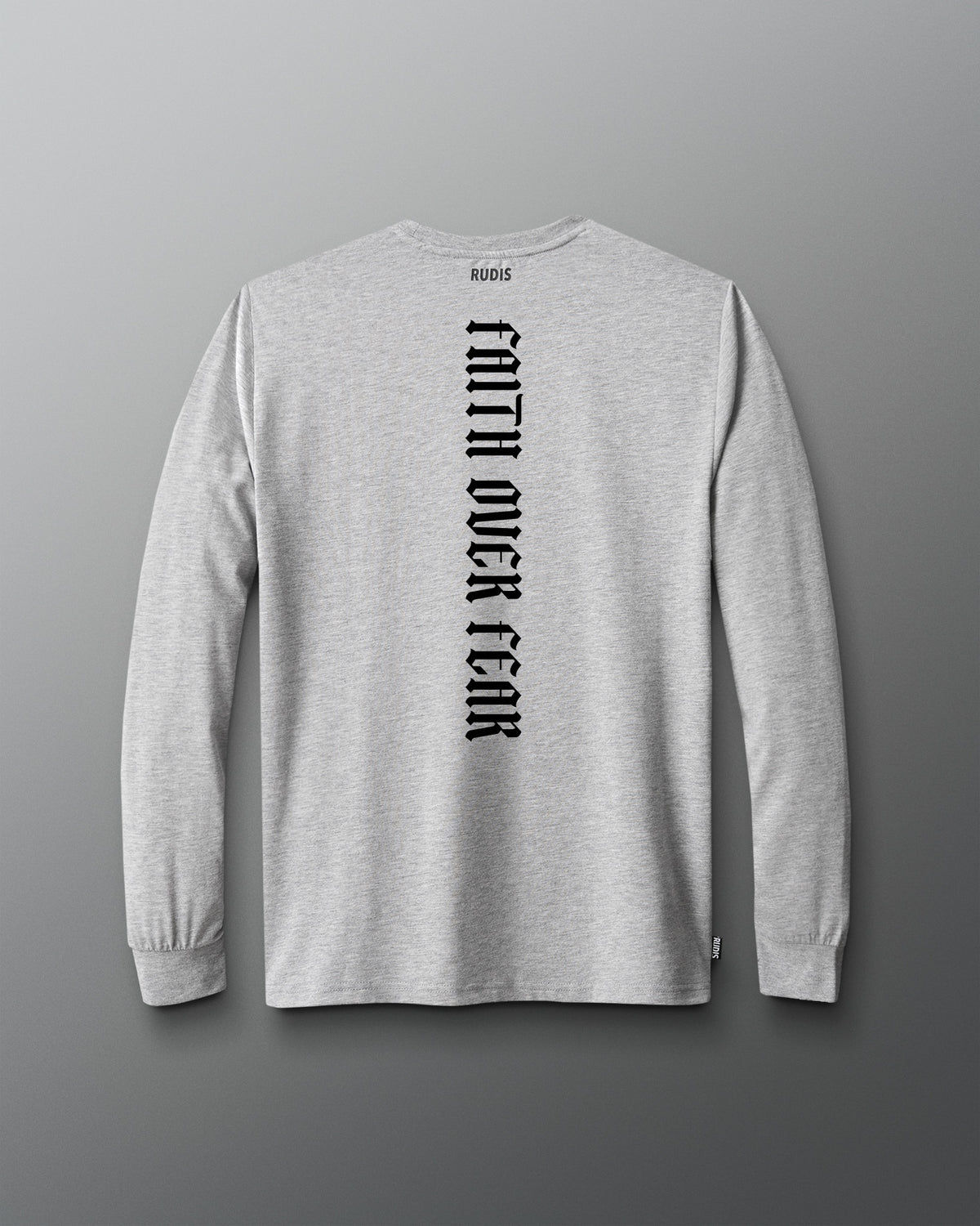 A light heather gray long-sleeve t-shirt shown from the back, featuring the words 'FAITH OVER FEAR' printed vertically in black on the back center. The brand name 'RODIS' is printed in small black letters inside the back collar.