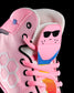 Close-up of a pink wrestling shoe with sunglasses energizer bunny design on a black background