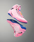 Pink wrestling shoes with blue soles on a gray background