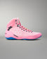 Pink wrestling shoes with blue sole on a gray background