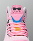 Pink wrestling shoe with sunglasses design on a gray background