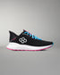 Black running shoe with blue laces and pink sole on a gray background