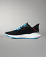 Black running shoe with blue and pink accents on a gray background