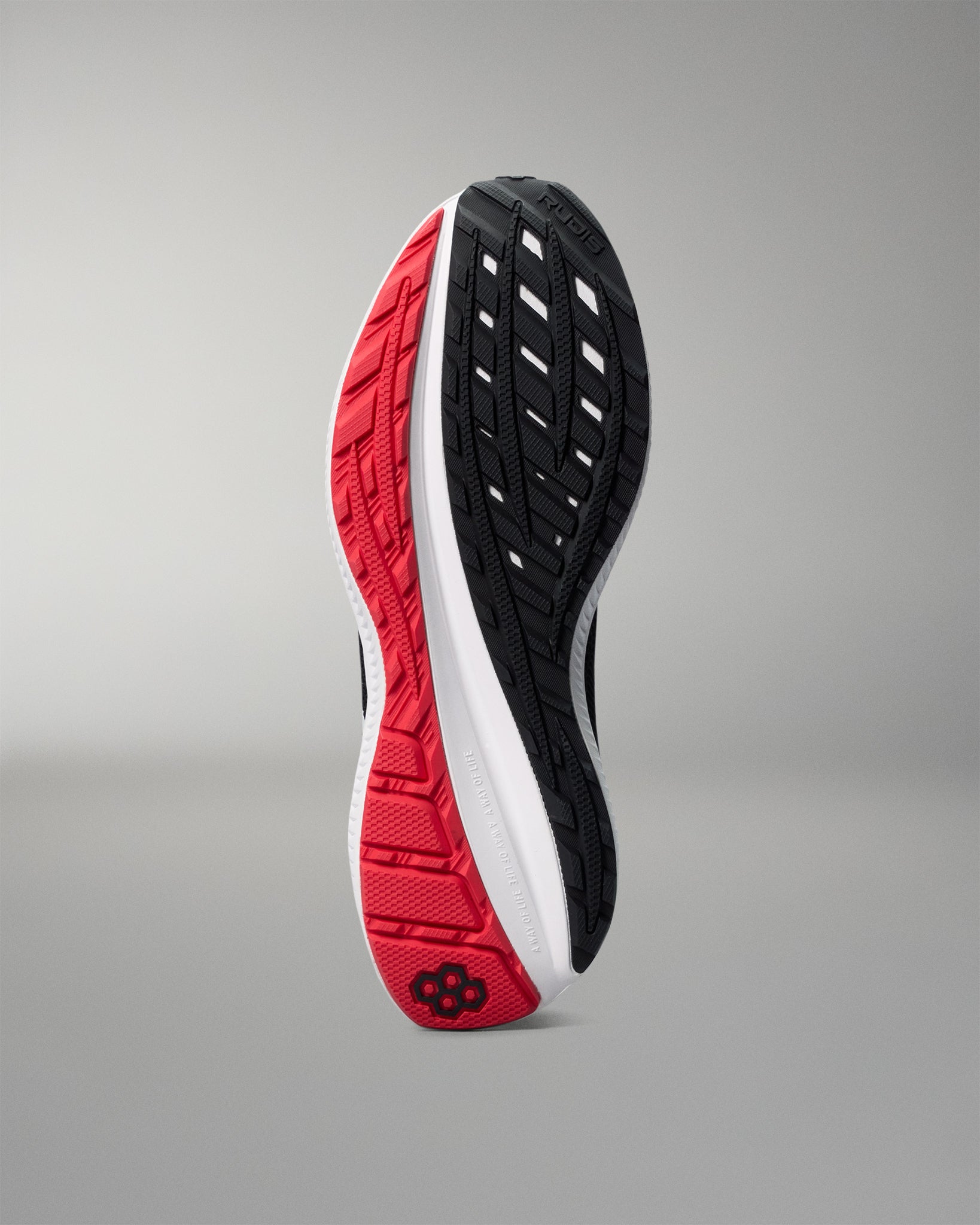 Black and red athletic shoe on a gray background