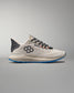 White running shoe with black and blue accents on a gray background