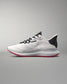 White running shoe with black and red accents on a gray background