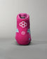 A vibrant pink athletic shoe with a modern design featuring a unique hexagonal logo and a cool blue accent on the sides