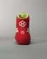 A vibrant red athletic shoe featuring a unique hexagonal design and bright green interior showcasing dynamic detailing 