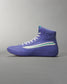 A stylish purple high-top sneaker featuring a sleek design white laces and a unique stripe pattern