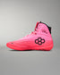Pink wrestling shoe with a black logo on a gray background