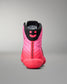 Pink and black wrestling shoe with a smiley face design on a gray background