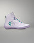 White high-top sneaker with a green and white logo on a gray background