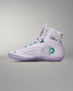 White high-top sneaker with a green logo on a gray background