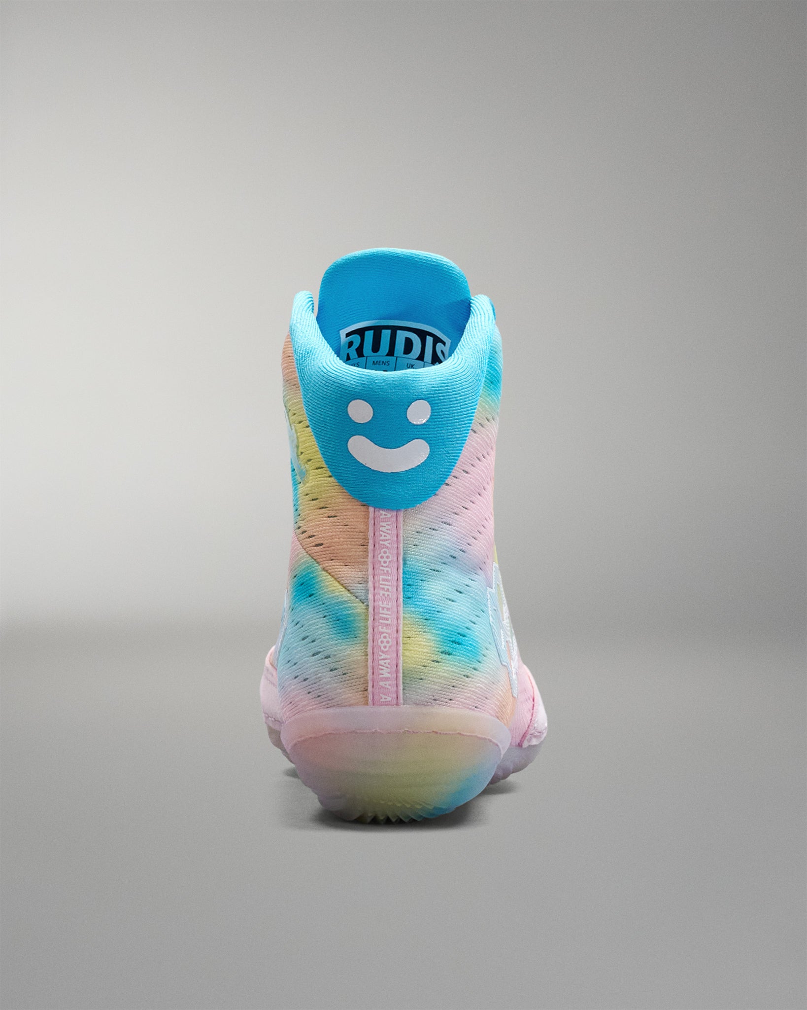 Colorful Wrestling shoe with a smiley face design on a gray background