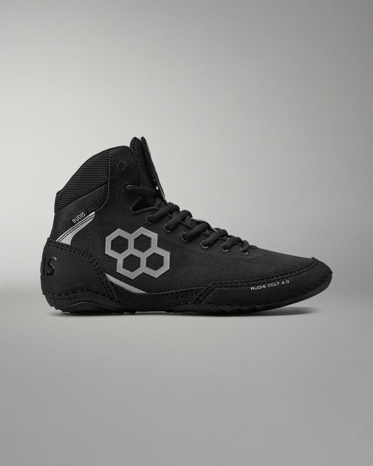 Black Wrestling shoe with a white logo on a gray background