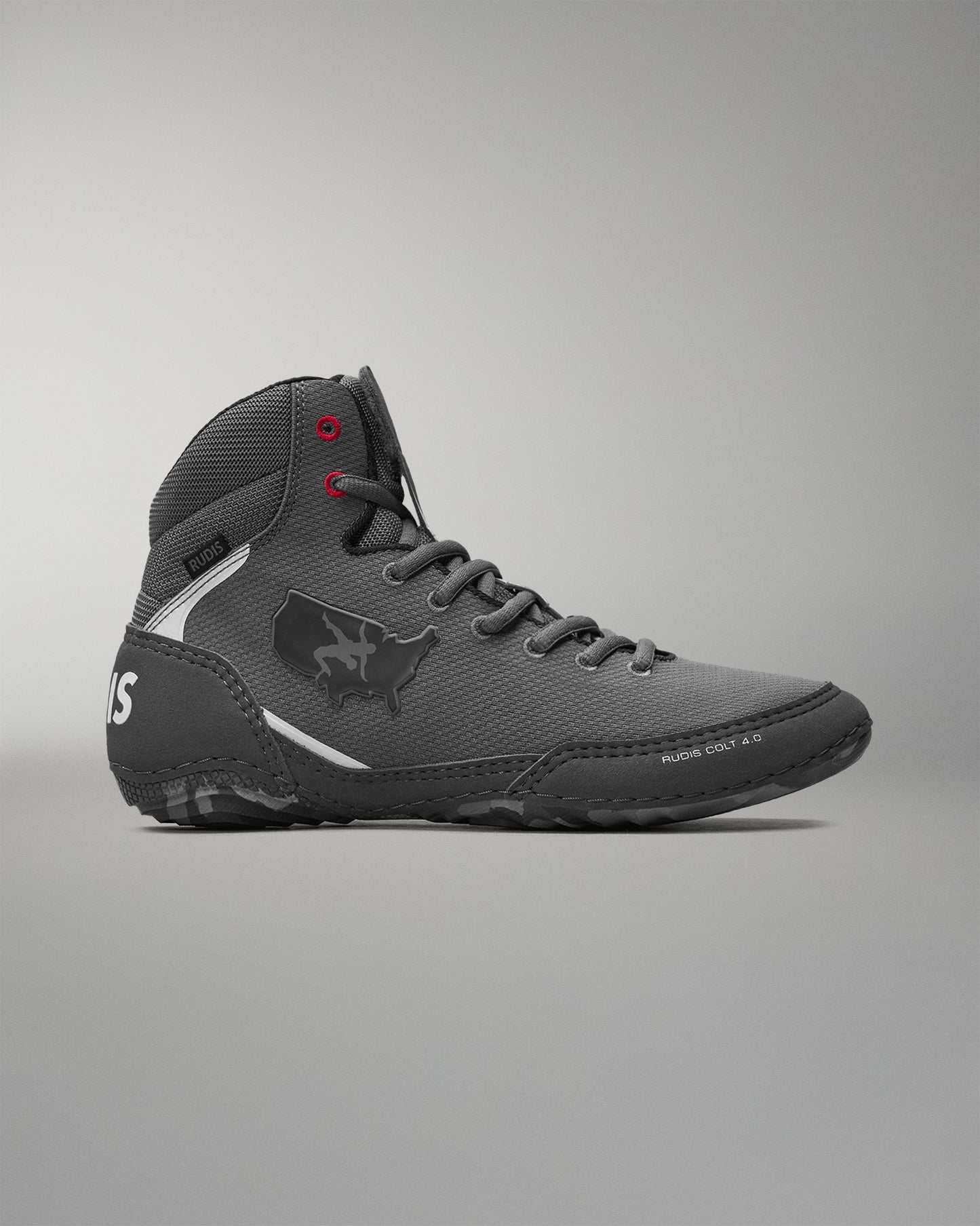 Gray wrestling shoe with a 'USA Wrestling' logo on a gray background