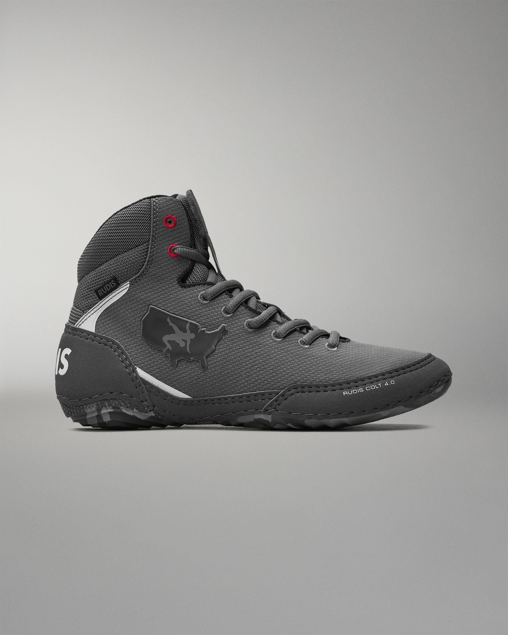 Gray wrestling shoe with a 'USA Wrestling' logo on a gray background