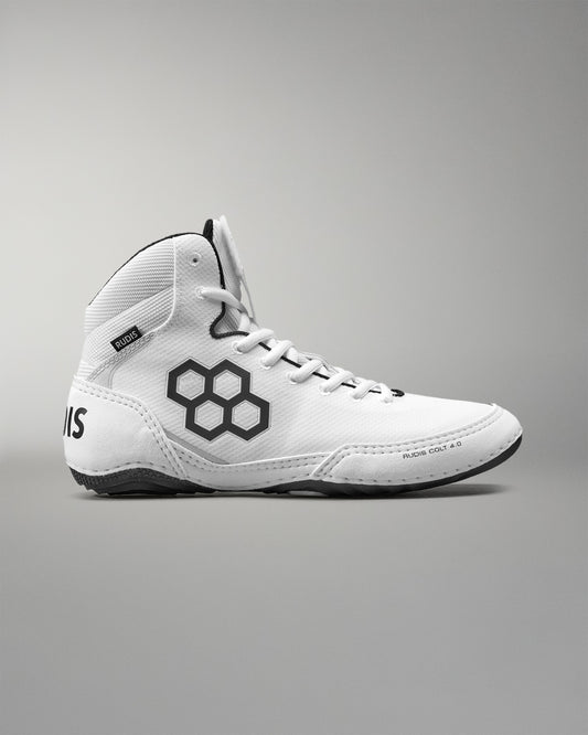 White Wrestling shoe with a black hexagonal logo on a gray background