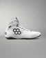 White Wrestling shoe with a black hexagonal logo on a gray background